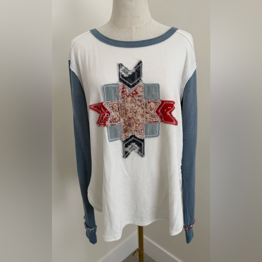 Free People LoneStar Waffle Knit top with Patchwork Applique M